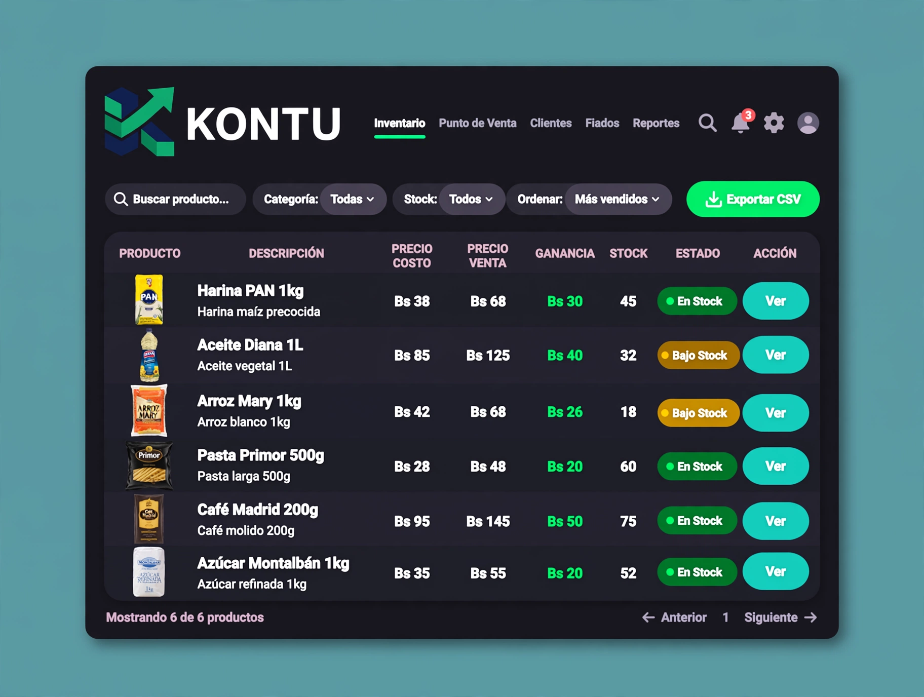 Pantalla de inventario de Kontu